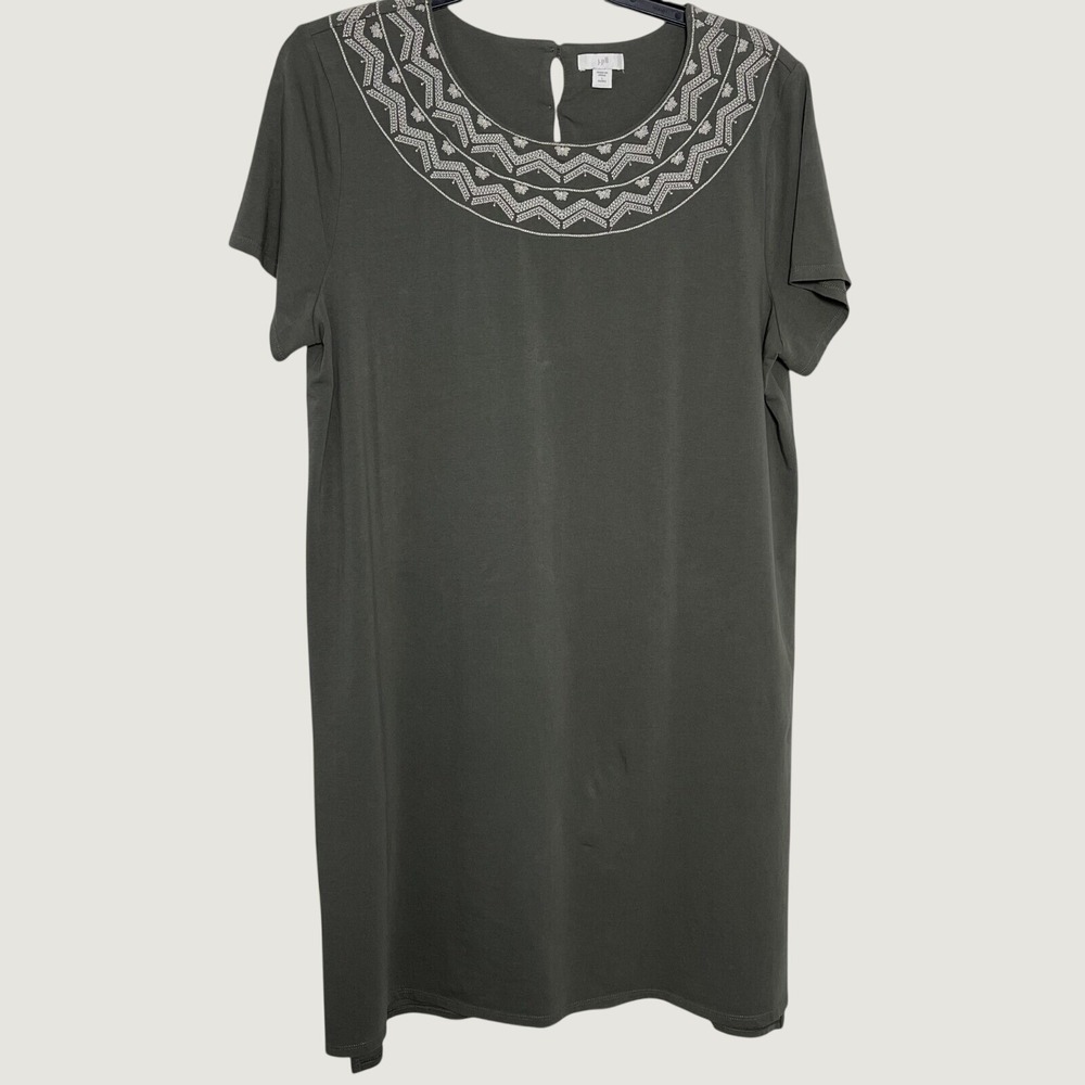 J. Jill Olive Green Embroidered Knit Shift Dress Petite Large